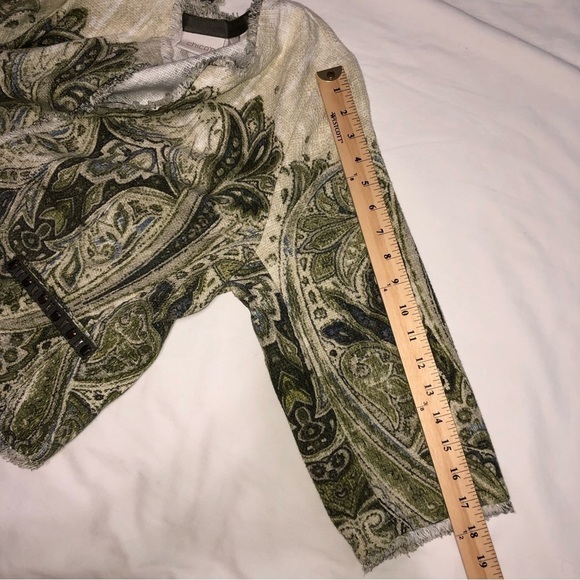 Chicos Jacket Open Front Size 2 Large Woven Textured Green Print Frayed Edges - Picture 7 of 13